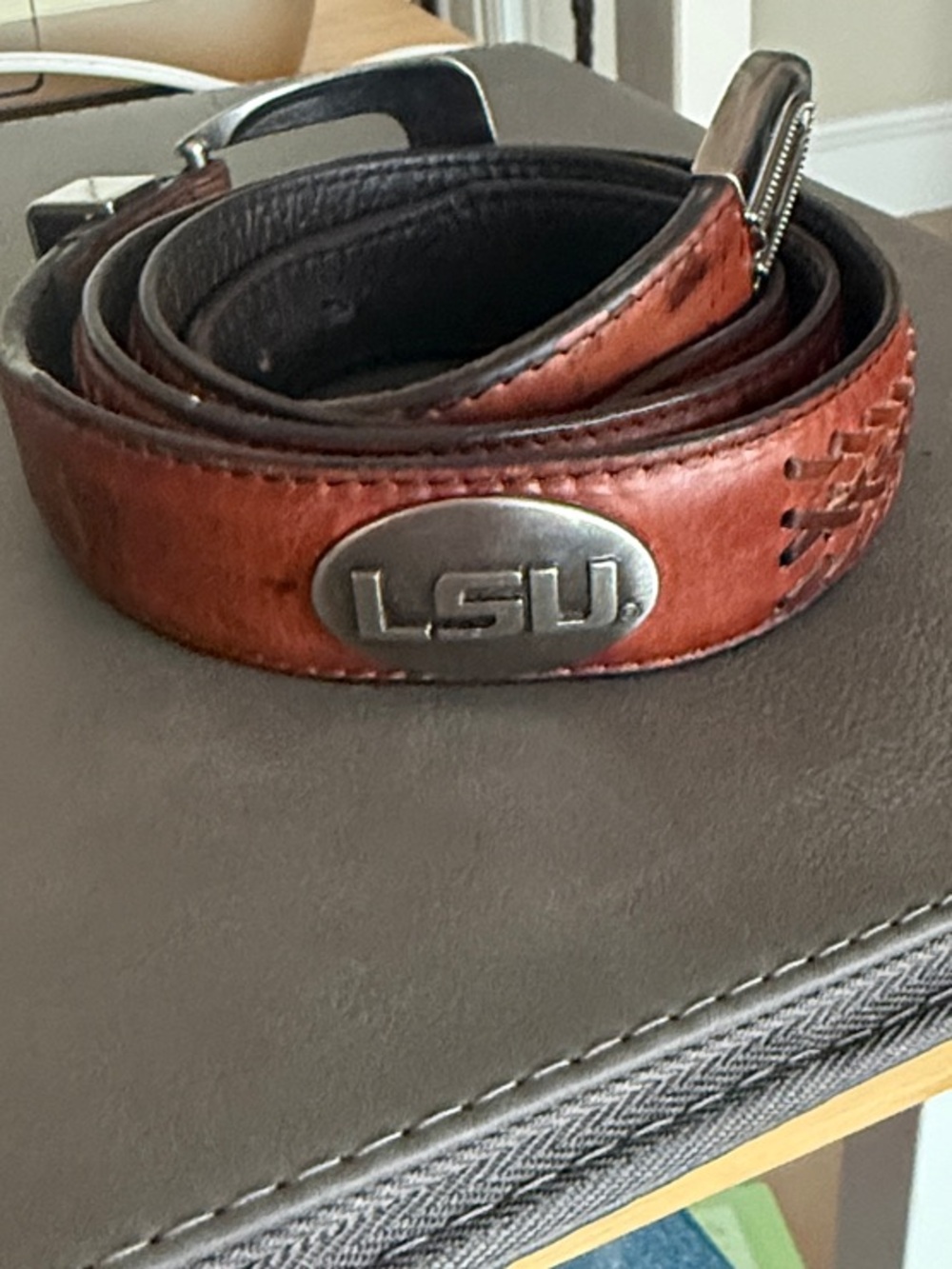 LSU Brown Leather Belt with Metal Emblem